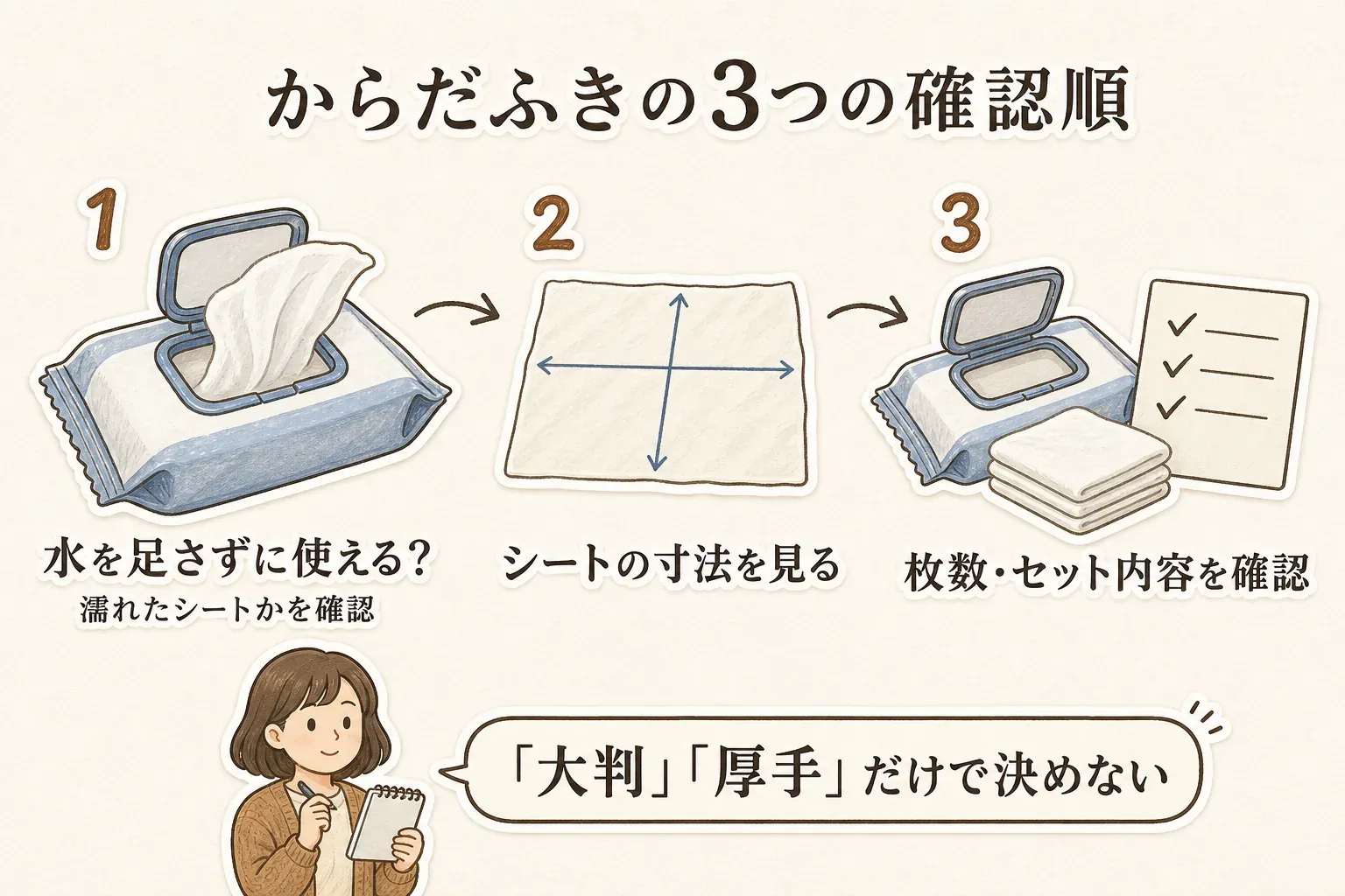 からだふきを選ぶ際は、1番目に水を足さずに使える濡れたシートかを確認し、2番目にシートの寸法を見て、3番目に枚数とセット内容を確認する3つの順番を示す図。「大判」「厚手」だけで決めないよう案内している