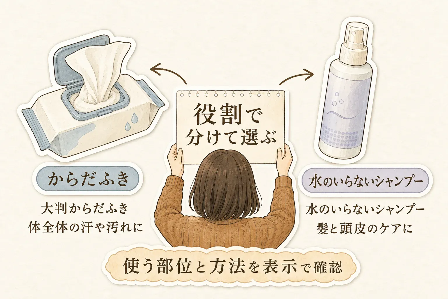 断水時の衛生用品を役割で分けて選ぶ図。大判からだふきは体全体の汗や汚れに、水のいらないシャンプーは髪と頭皮のケアに使い、使用部位と方法は商品表示で確認することを示している