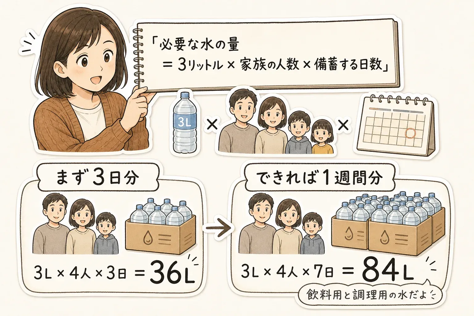 必要な水の量を「1人1日3リットル×家族の人数×備蓄する日数」で計算する図。4人家族では、まず3日分は36リットル、できれば1週間分は84リットルで、飲料用と調理用の水を示している