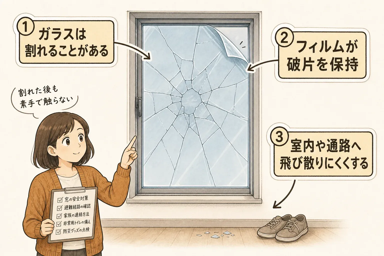 窓ガラスが割れることはあっても、飛散防止フィルムが破片を保持して室内や通路へ飛び散りにくくする仕組みを示す図。割れた後も素手で触らず、足元に注意することを案内している